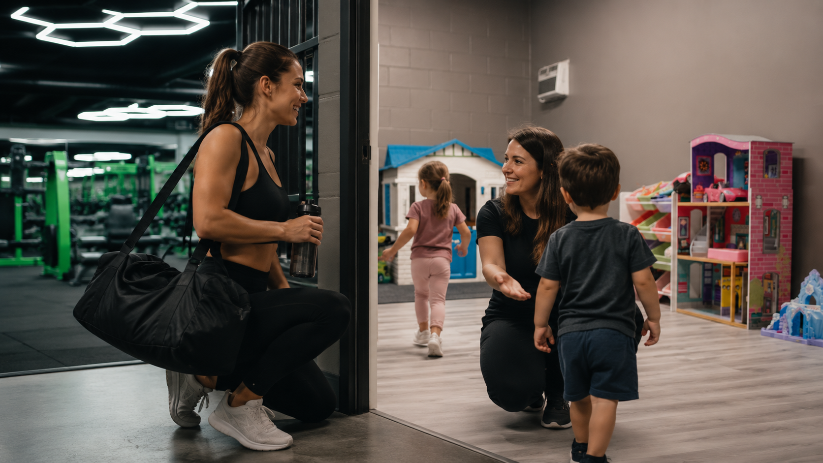 Jacksonville parent dropping off her children with a gym childcare team member before working out